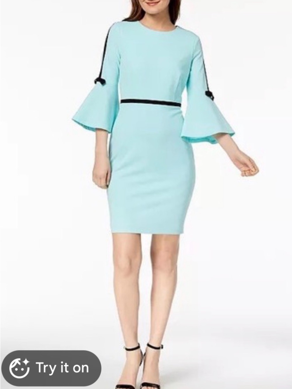 Calvin Klein Light Blue Bell-Sleeve Sheath Dress with Black Trim